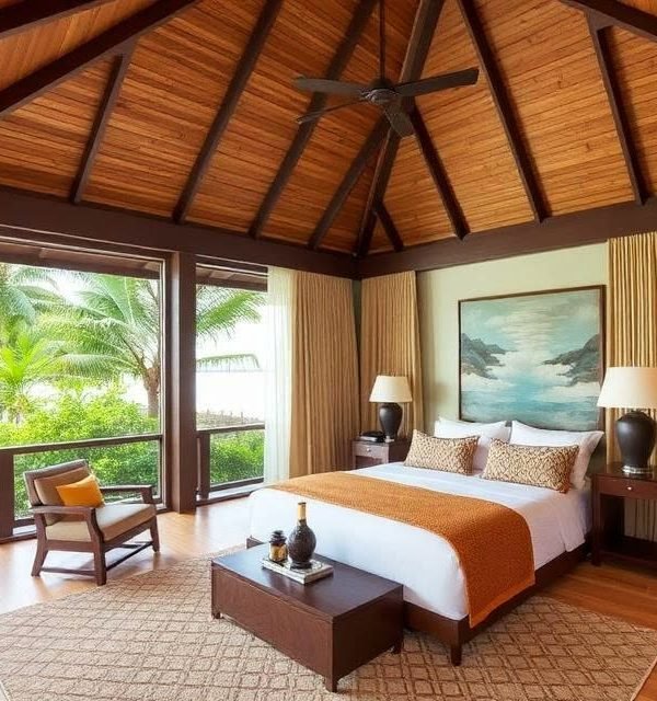Guest room with a king bed in soft tropical light
