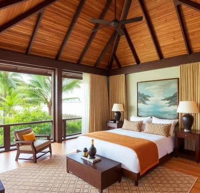 Guest room with a king bed in soft tropical light