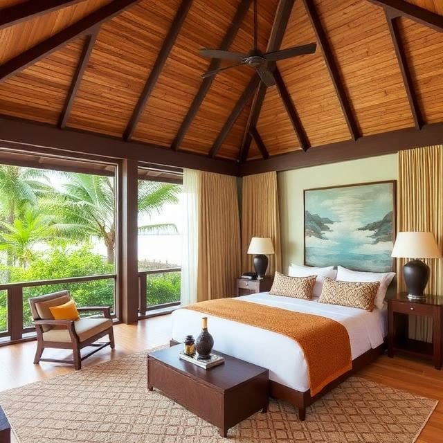 Guest room with a king bed in soft tropical light